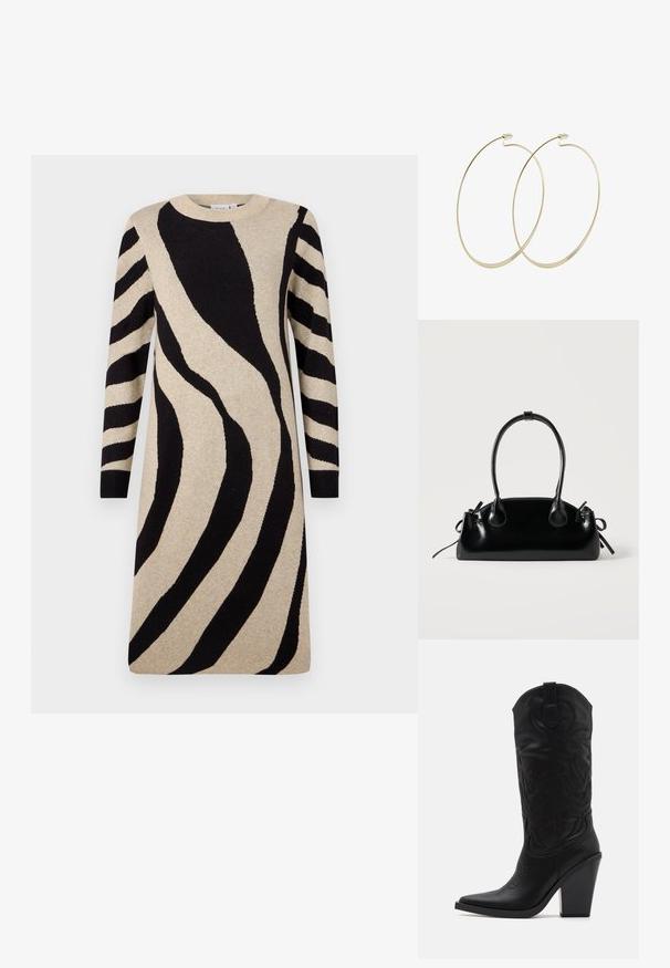 Gebreide jurk met een beige basis en opvallende zwarte zebraprints, lange mouwen en een ronde halslijn. Zachte textuur met een relaxed fit.; Simmi London DANIQUE - Laarzen met hoge hak - black; Kleine zwarte glanzende handtas met twee lange hengsels en zijkant trekkoord details op een effen lichte achtergrond.; Pilgrim Oorbellen - gold-coloured