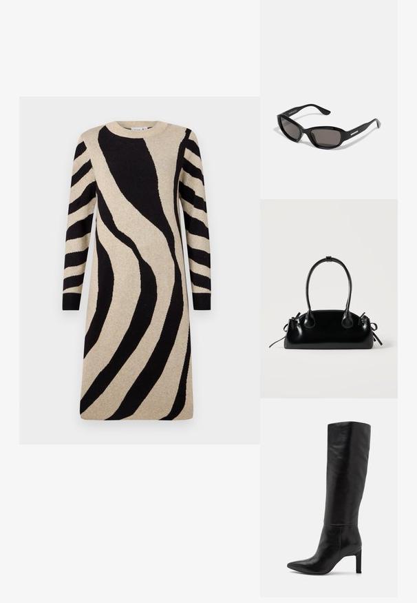Gebreide jurk met een beige basis en opvallende zwarte zebraprints, lange mouwen en een ronde halslijn. Zachte textuur met een relaxed fit.; Knee-high zwarte leren stiletto laarzen met een spitse neus en een gladde textuur. De hak is blokstijl, wat stabiliteit aan het ontwerp toevoegt.; Zwarte zonnebril met een rechthoekig frame, donkere lenzen, gladde plastic materiaal en een metalen accent op de poot.; Kleine zwarte glanzende handtas met twee lange hengsels en zijkant trekkoord details op een effen lichte achtergrond.