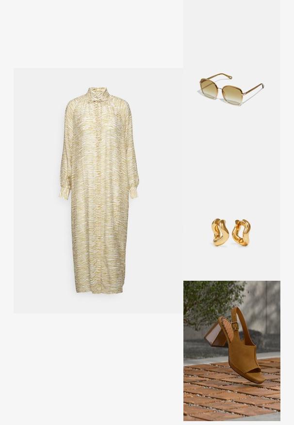 Résumé PHILINERS DRESS - Robe chemise - humus; Sandale à bride arrière en daim fauve avec un bout fermé et un talon épais brillant. Comprend une boucle rectangulaire et une semelle texturée.; Lunettes de soleil rectangulaires marron avec verres dégradés, dotées d'une monture en plastique transparent et de branches fines. Design simple sans aucune marque visible.; Boucles d'oreilles en forme de créoles dorées avec un design ondulé, présentant une surface lisse et brillante ainsi qu'une forme élégante. Sans fermoirs visibles.