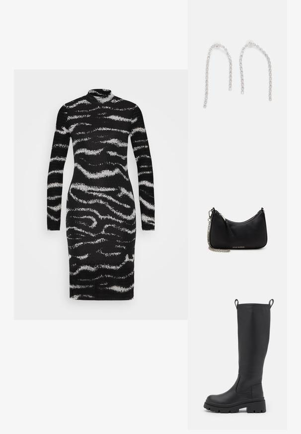 Vero Moda VMLOTTE HIGH NECK DRESS - Day dress - black; Black knee-high boot made of smooth leather with a chunky sole and slight heel. Features pull tabs and elastic side panels for easy wear.; Black synthetic handbag with a curved shape, silver chain strap, zip closure, and embossed brand logo on the front. Smooth texture.; Silver earrings with dangling chains, featuring multiple clear gemstones arranged in a linear pattern, providing a shimmering effect.