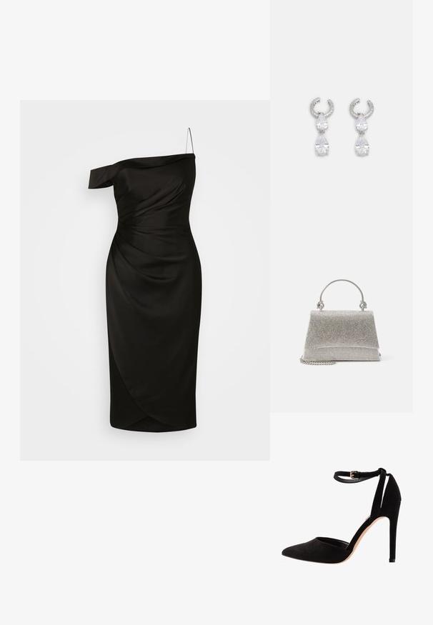 Robe noire à épaule unique en tissu lisse, avec un corsage ajusté comportant des détails froncés et une jupe enveloppante arrivant au genou.; Escarpins en suède noir avec un bout pointu, une bride à la cheville et un talon aiguille. Le design présente une texture lisse avec un minimalisme dans les détails.; ALDO FELISIA - Sac à main - silver-coloured; Boucles d'oreilles en argent avec un design de créole texturée, ornées de deux cristaux en forme de goutte d'eau transparents et d'un plus petit cristal carré en bas.