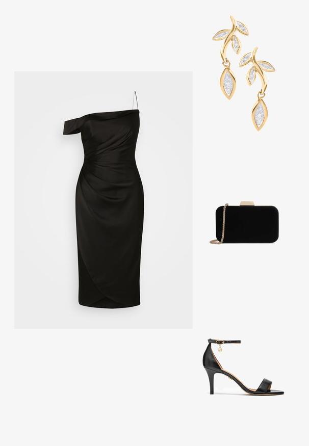Vestido negro de un solo hombro, confeccionado en una tela suave, que presenta un corpiño ajustado con detalles fruncidos y una falda envolvente de longitud a la rodilla.; Sandalia de tacón alto de cuero negro con una sola cinta sobre los dedos, cinta en el tobillo, herrajes dorados y un esbelto tacón de aguja.; Clutch de terciopelo negro con herrajes en tono dorado, de forma rectangular y con correa de cadena, que presenta una textura suave y sin patrones visibles.; DIAMANT L'ÉTERNEL Pendientes - gold coloured