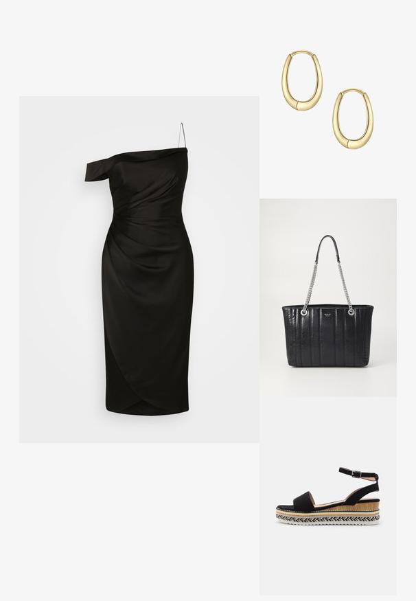 Vestido negro de un solo hombro, confeccionado en una tela suave, que presenta un corpiño ajustado con detalles fruncidos y una falda envolvente de longitud a la rodilla.; Sanda negra de ante con una tira ancha, hebilla en el tobillo y una suela de cuña estratificada que presenta texturas naturales y un patrón trenzado.; Bolso tote sintético negro con textura acolchada vertical, asas de cadena plateadas y detalle del logo en el centro. Forma rectangular, acabado suave.; Pendientes de aro de oro con una forma ovalada y lisa, y un ligero espacio en la parte inferior. La superficie tiene un acabado brillante y un diseño minimalista.