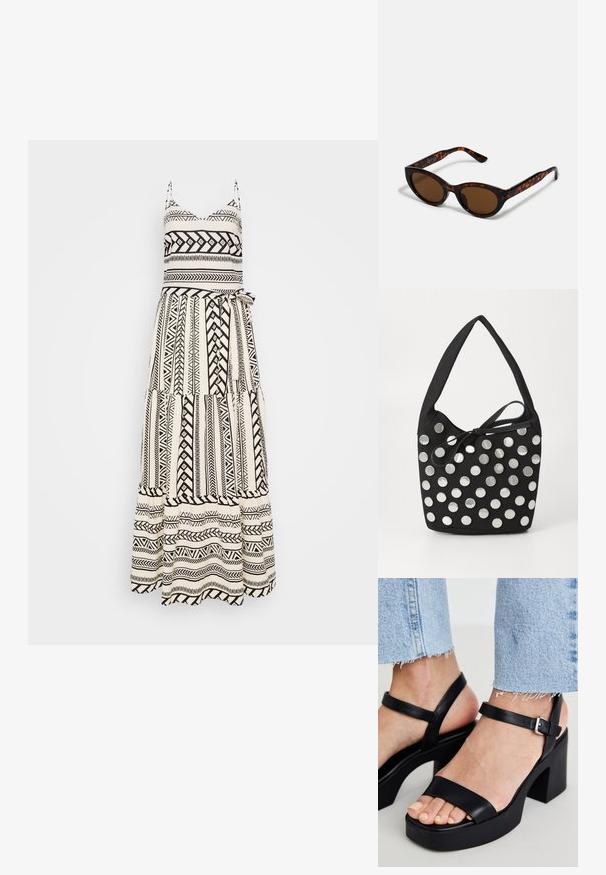 Vestido maxi en blanco y negro con patrones geométricos, tirantes ajustables, cuerpo ajustado y una falda fluida en capas con un cinturón de lazo.; ALDO CELIE - Sandalias de tacón - black; Gafas de sol de carey marrón con una forma vintage de ojo de gato y lentes marrones. Presentan brazos curvados con acentos rojos.; Bolso de tela negro con forma redondeada, adornado con tachuelas metálicas circulares plateadas dispuestas en un patrón, y un detalle de tela atado.