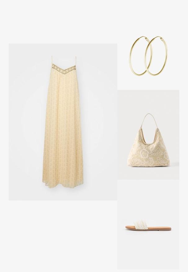 Vestido maxi de tela amarilla pálido, con un diseño estampado y un escote decorativo bordado en dorado. Tirantes ajustables, corte fluido.; Sandalia deslizante blanca tejida con textura trenzada y cuentas decorativas, que cuenta con una plantilla suave en tono marrón y suela plana de goma.; Bolsa de tela color crema con patrón de ganchillo floral blanco y una sola correa delgada para el hombro sobre un fondo liso.; Pendientes de aro de oro con un diseño suave y redondeado y un acabado brillante. Construcción ligera con un cierre de broche seguro.