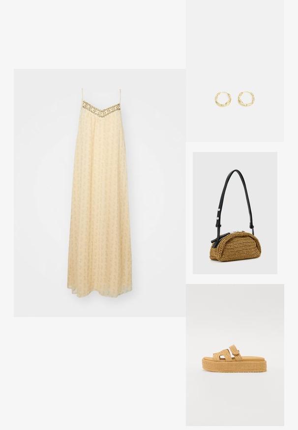 Maxi kjole i lys gul stof, med et mønstret design og en dekorativ broderet halsudskæring i guld. Justerbare stropper, løs pasform.; Steve Madden BIGMISSILE - Hjemmesko - beige; Lille tan vævet håndtaske med buet form, sort justerbar læderstrop og sølv lynlåslukning.; Guld hoops øreringe med en tekstureret, ujævn overflade. Har et let design og cirkulær form, egnet til hverdagsbrug.