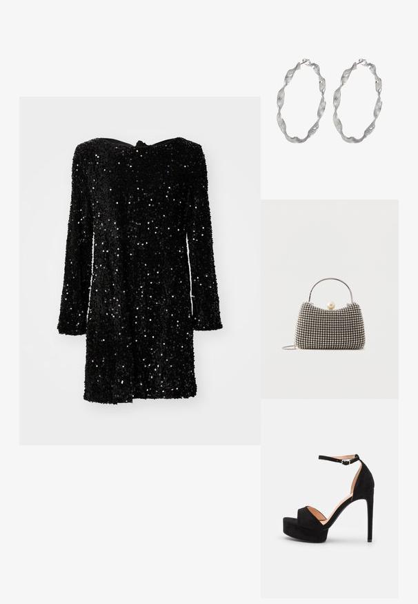 Vestido negro con lentejuelas, de mangas largas, escote redondeado y dobladillo con abertura. La textura es brillante y reflectante, con una silueta ajustada.; Sandalia de tacón alto de ante negro con suela de plataforma, tira en el tobillo con herrajes plateados, diseño de punta abierta y textura suave.; Pequeño bolso de mano con patrón de cuadrícula plateada, asa curva, gran cierre de perla y una delgada correa de cadena plateada sobre un fondo liso.; Pendientes de aro de plata con un diseño retorcido, que presentan una superficie texturizada y un cierre seguro. Ligeros y reflectantes con un acabado elegante.