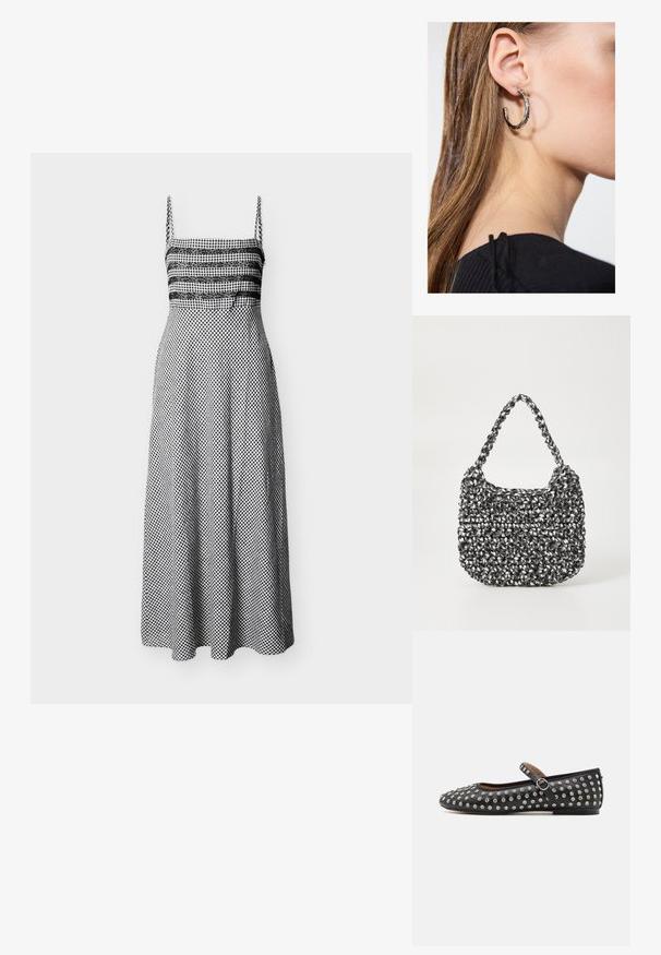 Zwart-wit geruite midijurk met dunne bandjes, kanten detail over de borst en een getailleerde taille met een uitlopende rok.; Zwarte leren ballerina met een ronde neus, voorzien van een bandje en zilverkleurige studs die gelijkmatig over het bovenwerk zijn verspreid.; Geweven handtas in zwart en wit met een ronde vorm, gestructureerd oppervlak en een gevlochten handvat. Geschikt voor dagelijks gebruik.; Zilveren oorbel met een gepolijste afwerking, met kleine gouden accentdetails en een ronde vorm, gedragen op de oorlel.