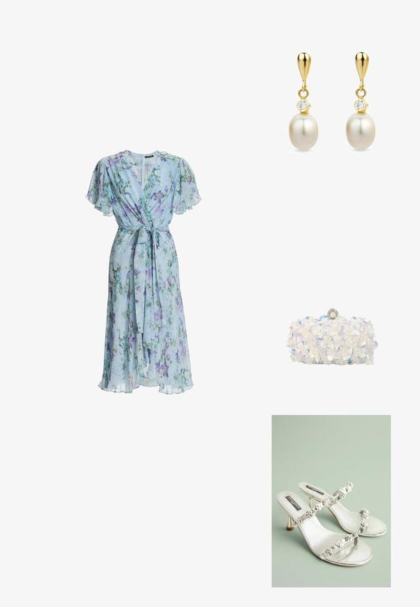 Lyseblå blomstrede slå-om kjole med flagrende ærmer og taljebånd, med et blødt, flydende midi-længde design.; Sølv hæle sandaler med klare stropper og blomsterudsmykninger. De har et elegant design og en skinnende finish, velegnet til formelle begivenheder.; Hvid clutch-taske dækket med iriserende blomsterapplikationer og perleaccents, med perlelås øverst.; Guld dråbe øreringe med hvide perler og små klare ædelsten over hver perle, vist på en hvid baggrund.