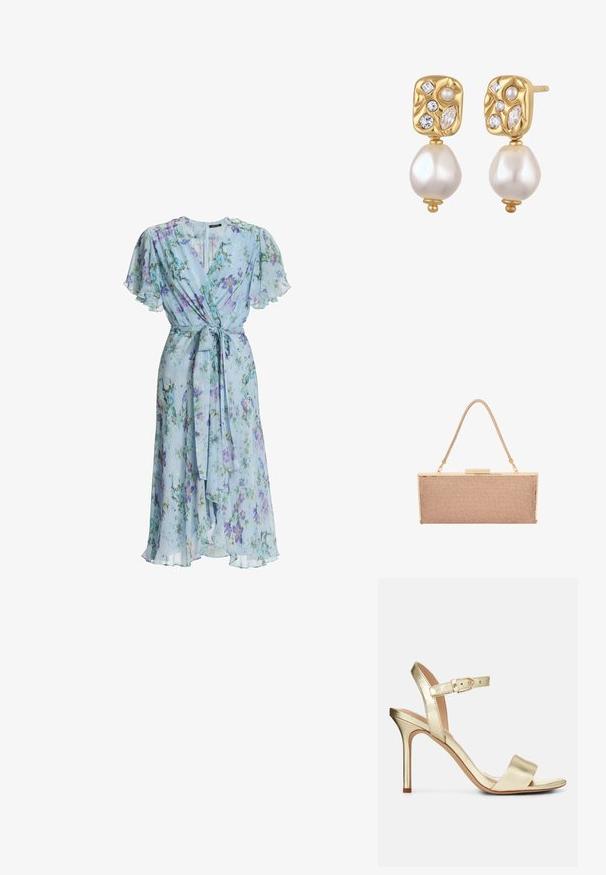 Lyseblå blomstrede slå-om kjole med flagrende ærmer og taljebånd, med et blødt, flydende midi-længde design.; Guldmetallic, strop-sandale med høj hæl og spænde-lukning, åben tå og glat overflade. Har en slank, spids hæl.; Metallic rosaguld clutch-pung med en tekstureret mesh-yderside, hardware i guldfarve og en tynd, flettet skulderrem.; Guldøreringe med teksturerede firkantede toppe, der indeholder forskellige klare ædelsten og perler, hver med en stor dråbeformet perle, der hænger nedenunder.