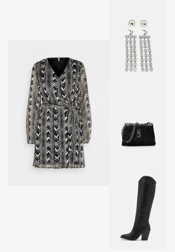 ONLY ONLZIGGY LIFE WRAP DRESS - Φόρεμα ημέρας - black; RAID LAKELYN - Μπότες με ψηλό τακούνι - black; Steve Madden BVOLTURI - Τσάντα χιαστί - black/silver; Κρυστάλλινα σκουλαρίκια με ασημένια λεπτομέρεια, που διαθέτουν τετράγωνη σφαίρα και πτώσεις με διαδοχικές σειρές ορθογώνιων και οκταγωνικών κρυστάλλων.