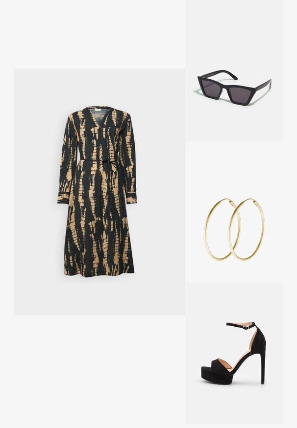Vestido envolvente de manga larga con un patrón abstracto en negro y dorado, escote en V y un cinturón en la cintura, hecho de una tela texturizada.; Sandalia de tacón alto de ante negro con suela de plataforma, tira en el tobillo con herrajes plateados, diseño de punta abierta y textura suave.; Gafas de sol negras y angulares con lentes grises; fabricadas en plástico, con varillas gruesas de superficie suave y sin herrajes visibles.; Pendientes de aro de oro con un diseño suave y redondeado y un acabado brillante. Construcción ligera con un cierre de broche seguro.