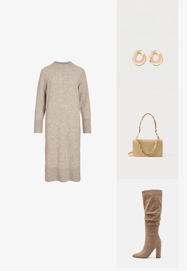 Robe en maille beige clair avec un col montant, des manches longues et des poignets et ourlet côtelés. Le tissu a une apparence douce et texturée.; Anna Field by Zalando Bottes - beige; Sac à main beige à effet croco avec une forme structurée, doté d'une poignée supérieure, d'accents en chaîne dorée et d'une bandoulière détachable.; Paired boucles d'oreilles en métal doré poli de forme irrégulière avec un centre ouvert sur un fond blanc uni.
