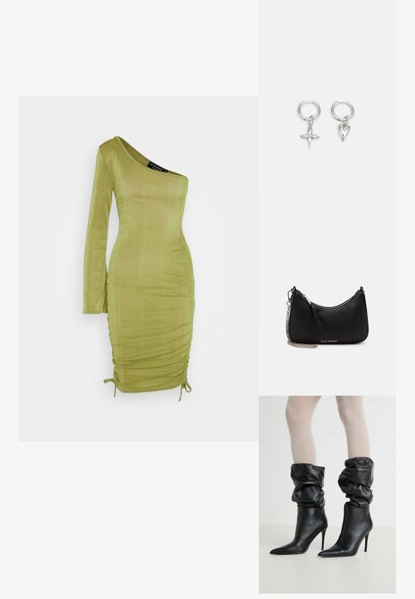 IN THE STYLE ONE SHOULDER MINI DRESS - Φόρεμα από ζέρσεϊ - olive; Μαύρα δερμάτινα μποτάκια στον αστράγαλο με χαλαρή σχεδίαση, μυτερή μύτη και ψηλό στιλέτο τακούνι, με απαλή, υφαντή υφή γύρω από τον καρπό.; Μαύρη συνθετική τσάντα χειρός με καμπυλωτό σχήμα, ασημί αλυσίδα, κλείσιμο με φερμουάρ και ανάγλυφο λογότυπο της μάρκας μπροστά. Λείος υφής.; Ασημένες κρίκοι σκουλαρίκια που περιλαμβάνουν ένα charm σε σχήμα σταυρού και καρδιάς. Λείο, γυαλιστερό υφή με γυαλισμένη φινίρισμα. Κάθε charm κρέμεται από έναν ασφαλή βρόχο.