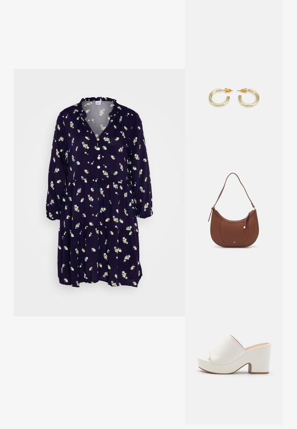 GAP TIER MINI DRESS - Φόρεμα πουκάμισο - navy; Λευκά πλατφόρμας μούλες με λεία επιφάνεια, ανοιχτό σχεδιασμό στο πέλμα και χοντρό τακούνι. Διαθέτουν μια διακριτική ραφή στο επάνω μέρος και αντιθετική σόλα.; Καφέ ψεύτικη δερμάτινη τσάντα ώμου με καμπύλο σχήμα, ελάχιστη ραφή και χρυσή μεταλλική λεπτομέρεια. Διαθέτει κλείσιμο με φερμουάρ στην κορυφή και ρυθμιζόμενο λουρί.; Χρυσά κρίκοι σκουλαρίκια με ομαλό, στρογγυλό σχήμα και γυαλιστερή φινέτσα. Διαθέτουν πορτοκαλί λεπτομέρειες στο πίσω μέρος για ασφαλή στερέωση.