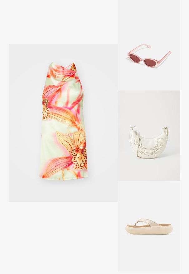 Bloemen halterjurk met een lichtgroene achtergrond, versierd met levendige roze en oranje bloemen, een slimme textuur en een elegante val.; Beige slippersandalen met een brede teband en een dikke, ronde zool. Beschikt over een glad bovenmateriaal en een contrasterend bruine voetbed.; Roze transparante zonnebril met ovale lenzen, donkerrode tint en slanke pootjes, met een gladde afwerking en subtiele details op het frame.; Witte vegan leren schoudertas met een geperforeerd cirkelontwerp, verstelbare schouderriem en gegraveerd logo op de voorkant. Ritssluiting aan de bovenkant.