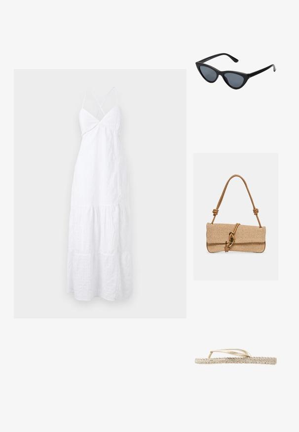 Vestido de verano blanco con tirantes delgados en forma de cruz, un corsé ajustado y una falda de capas fluida. Hecho de una tela liviana con una textura sutil.; Sandalia plana beige con suela trenzada y finas tiras metálicas doradas, vista de perfil sobre fondo blanco.; Gafas de sol negras en forma de ojo de gato con lentes gris oscuro, marco de plástico elegante, esquinas puntiagudas y patillas rectas. Sin herrajes ni acentos visibles.; Bolso de mano rectangular tejido en color beige con asa de cuero marrón claro que presenta nudos y un cierre de gancho en tono dorado sobre un fondo liso.