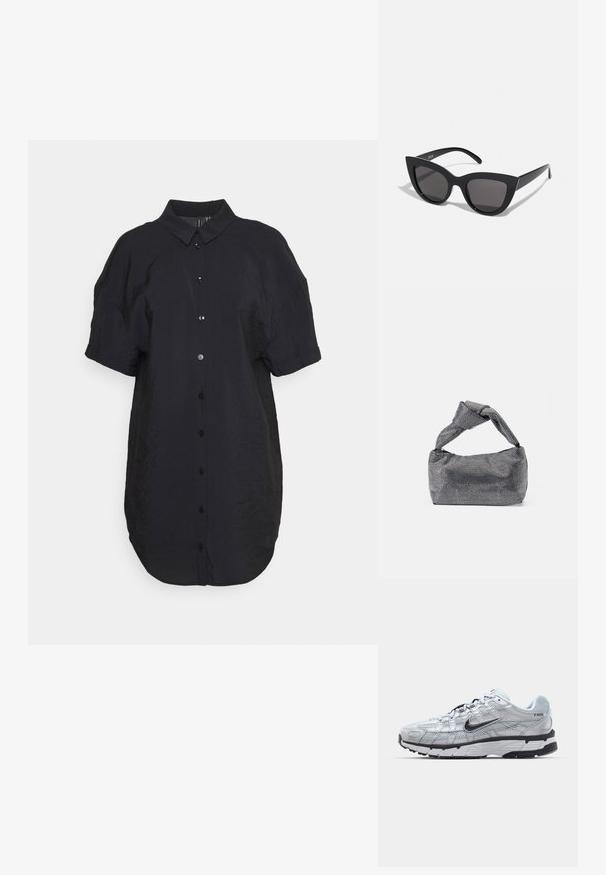 Vero Moda Petite VMQUEENY SHORT SHIRT DRESS - Shirt dress - black; Nike P-6000 sneakers with a light grey mesh upper, black accents, and a durable black rubber sole. Features intricate design and lacing system.; Black cat-eye sunglasses with a matte finish, featuring gray tinted lenses, sharp angles, and sleek side arms. Brand name visible on the inner arm.; Black and silver handbag with a textured surface featuring a diamond pattern, a knotted handle, and a structured shape.