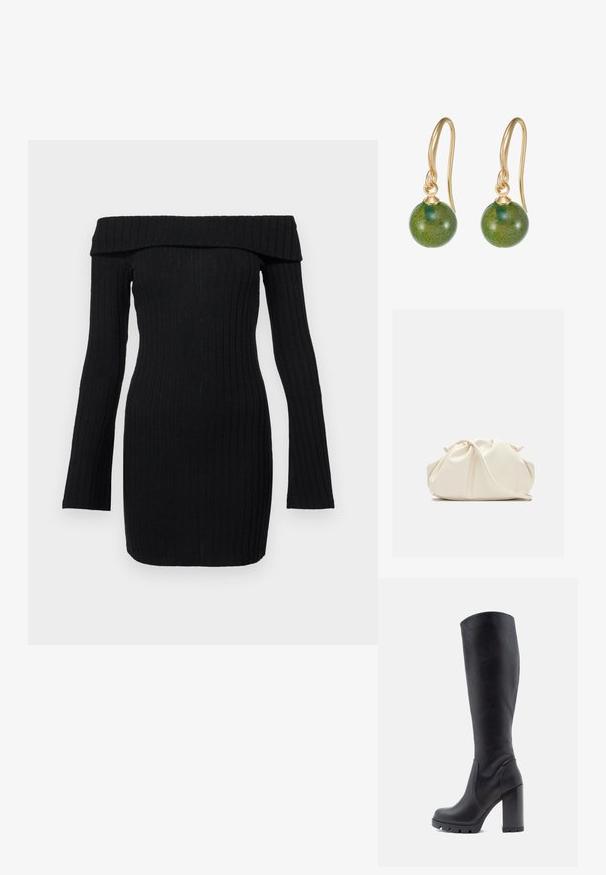 Schwarzes, geripptes Strickkleid mit schulterfreier Ausschnittform, langen Ärmeln, enganliegendem Schnitt und strukturiertem Stoff. Minimalistisches Design, keine sichtbaren Verschlüsse.; Schwarze kniehohe Stiefel aus glattem Leder, mit einem stabilen Absatz, abgerundeter Zehenpartie, strukturiertem Sohlenmaterial mit Grip, elegantes Design ohne Verzierungen.; Weiche, cremefarbene Leder-Clutch mit gerafftem Design und einem dünnen Schulterriemen, der vorne auf einem schlichten Hintergrund liegt.; Goldfarbene Ohrringe mit runden grünen Steinperlen, glatter Textur, aufgehängt an gebogenen Haken und mit glänzender Oberfläche.