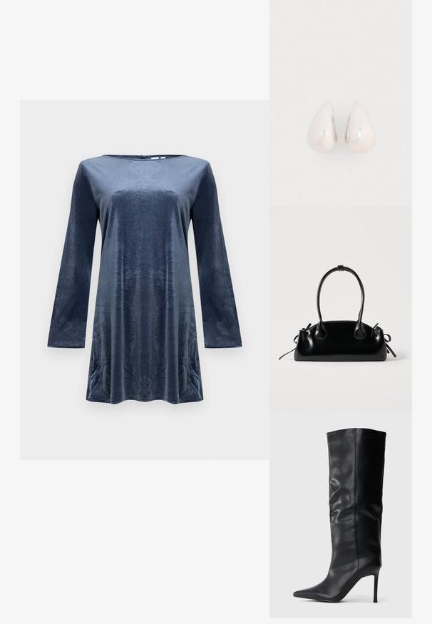 Robe tunique en velours bleu foncé à manches longues avec un col rond, présentée sur un fond clair uni.; Botte en cuir noire montante, avec un bout pointu et un talon fin, sur un fond blanc uni.; Petit sac à main noir brillant avec deux longues anses et des détails à cordon sur les côtés sur un fond clair uni.; Boucles d'oreilles en métal argenté en forme de goutte, avec une surface lisse et réfléchissante, présentant un design sans couture et sans embellissements visibles.