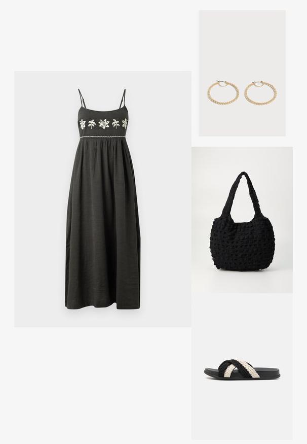 Vestido maxi en gris oscuro con tirantes ajustables, diseño floral bordado en blanco y cintura fruncida para una silueta fluida.; Sandal de tira plana de caucho, tejido en negro y crema, con dos tiras trenzadas cruzadas hechas de un material suave y texturizado.; Bolso de tela negra con un patrón texturizado y tejido. Presenta una forma suave y redondeada y asas cortas y resistentes.; Par de pendientes de aro dorados de tamaño mediano con un diseño texturizado y con cuentas sobre un fondo claro y liso.