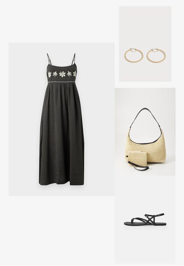 Vestido maxi en gris oscuro con tirantes ajustables, diseño floral bordado en blanco y cintura fruncida para una silueta fluida.; Sandalia plana negra con tiras finas, lazo para el dedo del pie y correa ajustable con hebilla en el tobillo sobre un fondo gris claro liso.; Bolso de paja tejido con una silueta curva, que cuenta con una suave correa de cuero negro y un pequeño estuche a juego, sujeto por una correa de muñeca.; Par de pendientes de aro dorados de tamaño mediano con un diseño texturizado y con cuentas sobre un fondo claro y liso.