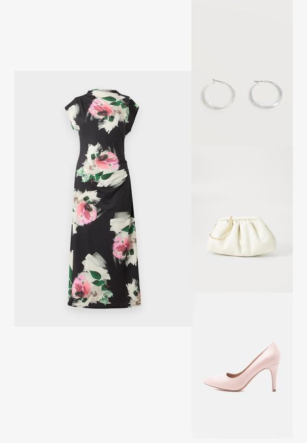 Robe midi noire avec imprimés floraux abstraits rose et blanc, manches courtes et col montant avec fronces latérales.; Chaussure à talon haut en cuir verni rose, à bout pointu et talon fin. Texture lisse avec une finition brillante. Aucun accent ou motif visible.; Sac à main en cuir blanc avec un design plissé, doté d'une bandoulière en chaîne dorée et d'une forme arrondie. Texture lisse avec des plis doux et sans motifs.; Boucles d’oreilles créoles en métal argenté avec une surface lisse légèrement incurvée et des fermoirs à clapet sur un fond blanc uni.