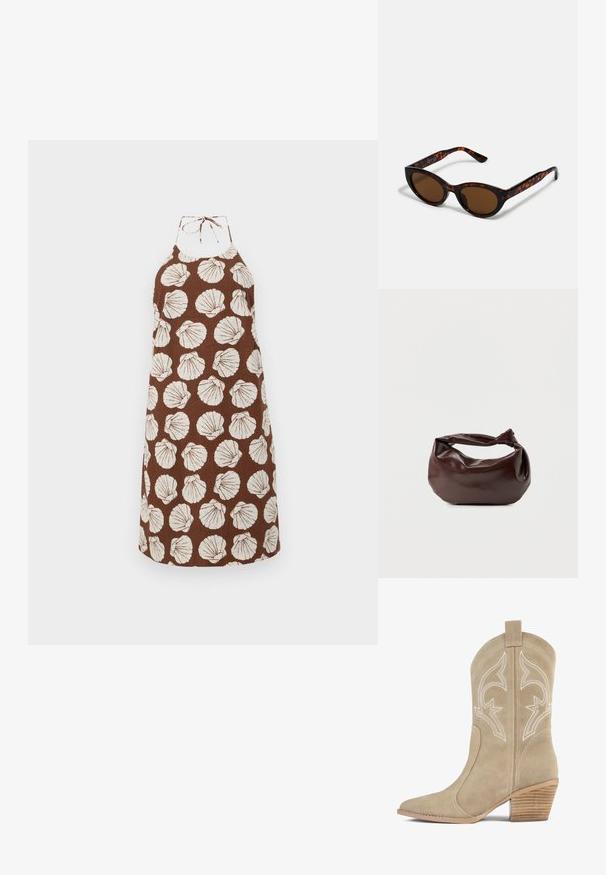 Robe halter marron avec des motifs de coquillage blancs, fabriquée en tissu texturé. Elle dispose d'une fermeture à nouer au cou et d'une coupe décontractée.; Botte de cowboy en daim beige avec bout pointu, couture décorative blanche, tige haute et talon en bois empilé.; Lunettes de soleil en écaille de tortue marron avec une forme vintage de lunettes cat-eye et des verres marron. Présente des branches courbées avec des accents rouges.; Sac bandoulière en cuir marron foncé avec une forme souple et décontractée et une anse nouée torsadée sur un fond blanc uni.