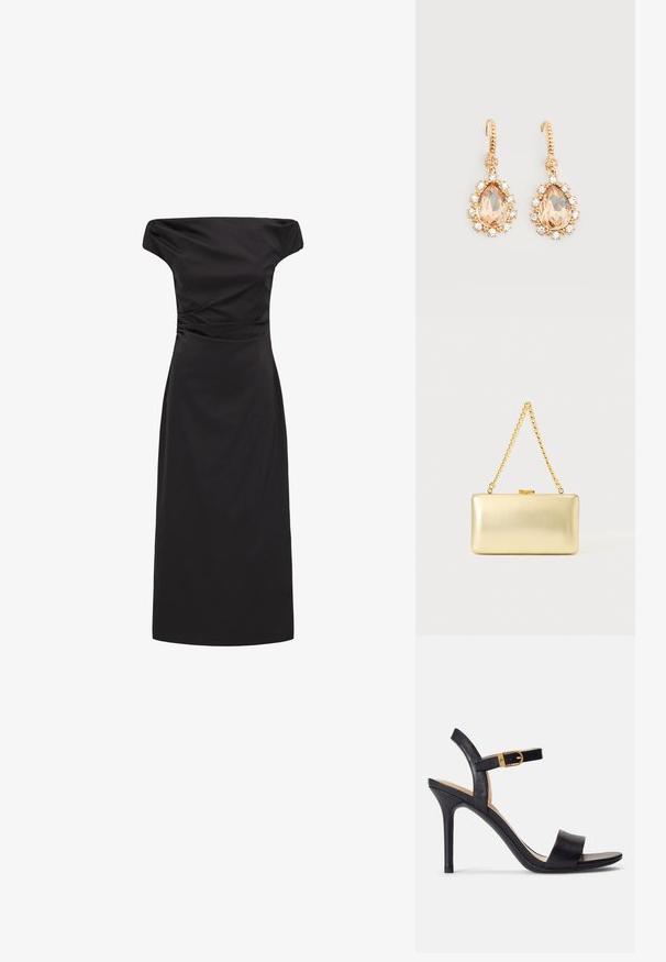 Schwarzes Midi-Kleid mit Carmenausschnitt, tailliertem Oberteil und dezent geraffter Detail am Bund.; Schwarze Sandalen mit hohen Absätzen und glattem Leder-Obermaterial, offene Zehenpartie und einem Design mit einem einzigen Riemen, verziert mit einer goldenen Schnalle.; Rechteckige goldene Clutch mit glänzender Oberfläche, Metallverschluss und kurzem goldenen Kettenhenkel vor hellem, einfarbigem Hintergrund.; Goldene Ohrhänger mit großen, birnentropfenförmigen Pfirsichsteinen, umgeben von kleinen, klaren Kristallen vor weißem Hintergrund.