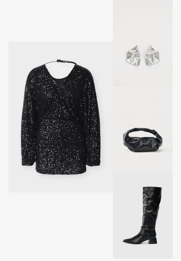 Haut noir à sequins avec manches longues, encolure en V et fronces à la taille. Surface texturée avec des sequins réfléchissants partout.; Bottine en cuir noire mi-mollet avec un petit talon carré, bout pointu et une sangle décorative à la cheville avec une boucle en argent sur fond uni.; Sac noir en matériau texturé et brillant avec une poignée circulaire torsadée et une fermeture éclair. Présente un design doux et froissé.; Boucles d'oreilles en métal argenté avec un design ondulé et sculptural, présentant une finition polie et des formes irrégulières, mettant en valeur une esthétique contemporaine.