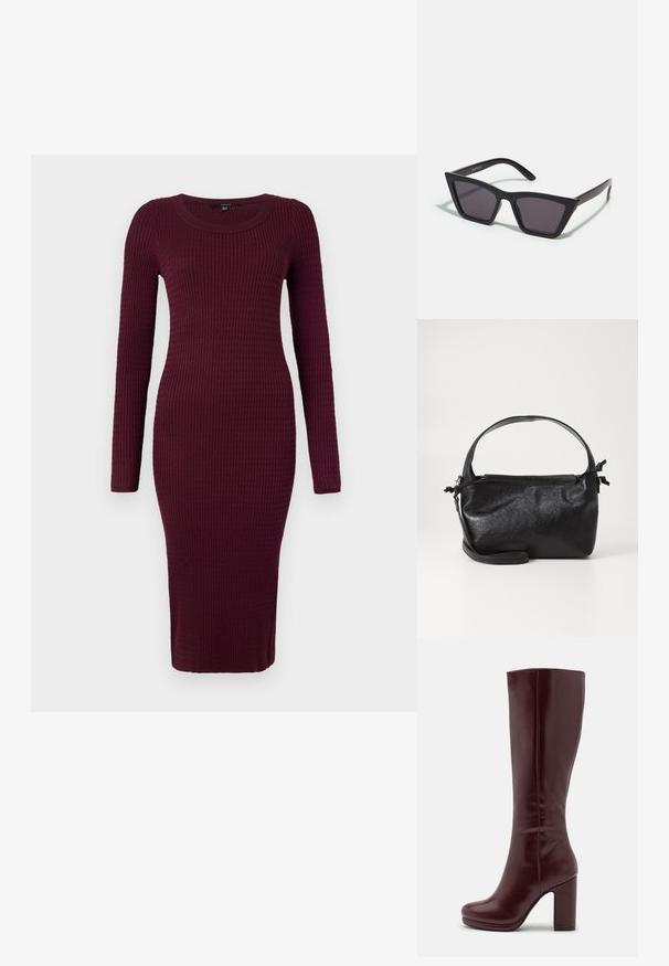 Vero Moda VMSILJE ONECK CABLE - Strikkjoler - winetasting; Anna Field by Zalando Højhælede støvler - red; Sorte, kantede solbriller med grå linser; lavet af plast, med tykke stænger med en glat overflade og ingen synlig hardware.; Sort læderhåndtaske med et struktureret design, rund tophåndtag og aftagelig skulderrem. Den har en glat tekstur og en subtil glans.