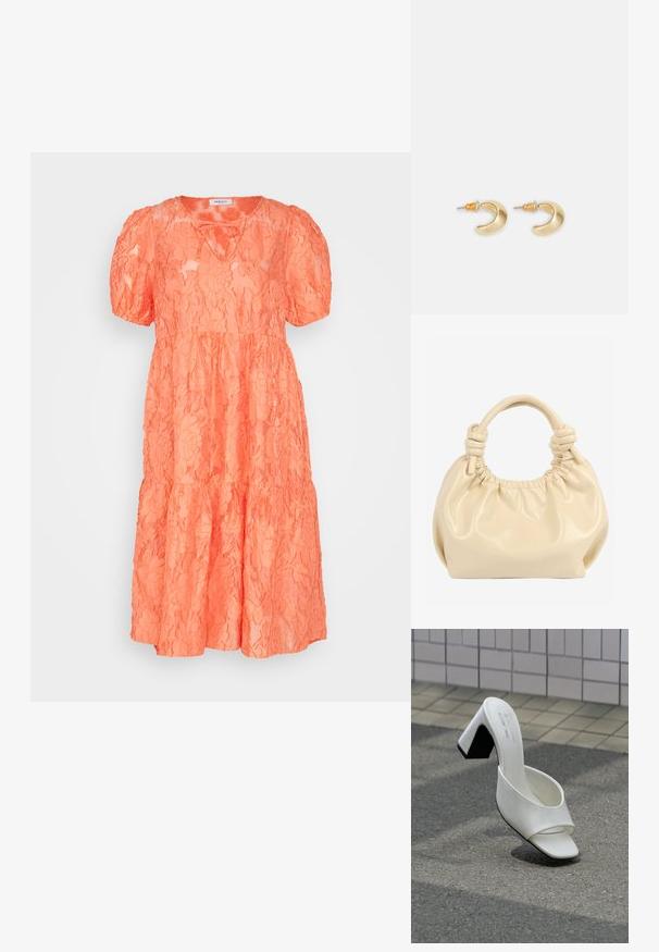 MSCH Copenhagen PAVE DRESS - Robe de soirée - persimmon; Une mule blanche à bout ouvert avec talon bloc posée sur un bitume gris devant un mur carrelé.; Sac à main en cuir souple couleur crème avec dessus froncé et doubles poignées nouées sur fond blanc.; Boucles d'oreilles en forme de croissant en or avec une finition lisse, présentant des accents orange près du clou et un matériel en argent.