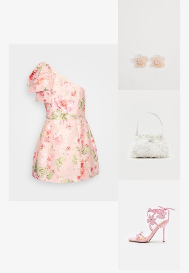 Vestido de un solo hombro en tela de color rosa claro con un gran estampado floral en tonos rosa y verde. Presenta un hombro con volantes y un diseño de falda acampanada.; Sandal de tacón alto rosa con acentos de mariposa, hecho de material suave. Cuenta con tirantes delgados y un tacón esbelto.; Pequeño bolso blanco con rosas de tela que cubren su cuerpo y una delgada correa única como asa, sobre un fondo liso.; Par de pendientes de botón beige en forma de flor con pétalos translúcidos y pequeñas cuentas redondas agrupadas en el centro sobre un fondo blanco.