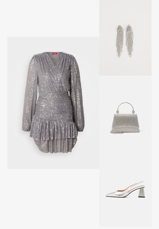 Robe grise ornée de sequins avec des manches longues, décolleté en V, taille froncée et ourlet à volants. La texture scintillante accentue le détail visuel et l'élégance.; Pompe argentée à talon slingback avec un bout pointu, une finition métallique texturée et un talon bloc triangulaire. L'intérieur présente des détails en cuir marron.; ALDO FELISIA - Sac à main - silver-coloured; Boucles d'oreilles en argent présentant un design en cascade avec plusieurs rangées de strass scintillants, des pointes effilées et de délicates nuances de chaîne.