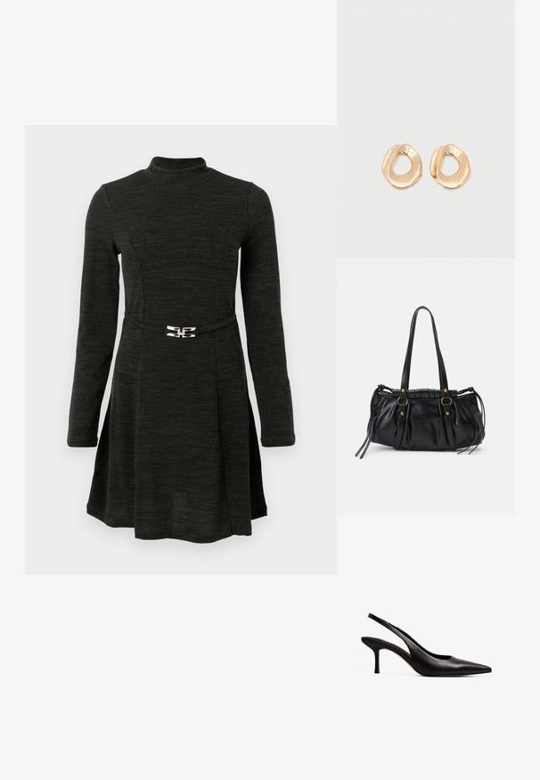 Zwart jurkje met lange mouwen en hoge hals, cinched taille met een zilveren accent, en een uitlopende rok met een gladde textuur.; NA-KD Klassieke pumps - black; Zwarte leren handtas met een afgeronde vorm, dubbele handvatten, decoratieve hardware accenten en details met zijstrikken. Smooth, glanzende textuur.; Set van onregelmatig gevormde, gepolijste hoepel oorbellen van goudkleurig metaal met een open midden op een effen witte achtergrond.