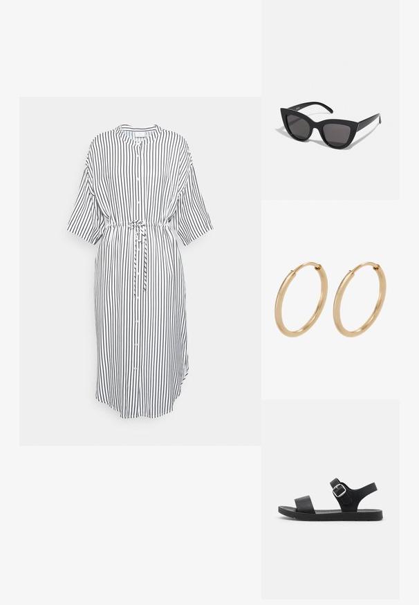 Kaffe DRESS - Tričkové šaty - antique white; Čierne sandále s plochou podrážkou, nastaviteľnou prackou, dvoma širokými popruhmi a hladkým povrchom, navrhnuté pre pohodlie a jednoduché obúvanie.; Čierne slnečné okuliare v štýle mačacích očí s matným povrchom, so šedými tónovanými sklami, ostrými hranami a elegantnými bokovými ramenami. Názov značky je viditeľný na vnútornom ramene.; Zlaté kruhové náušnice s hladkým, lešteným povrchom. Zaoblený tvar, stredná veľkosť, vybavené bezpečným uzatváracím mechanizmom.