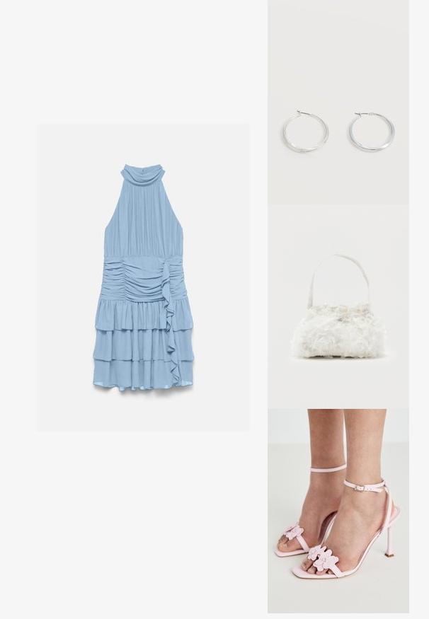 Robe bleu clair sans manches avec col montant, taille froncée, volant en cascade sur le côté et jupe évasée à plusieurs couches.; Sandales à talons hauts roses avec des appliqués floraux, une fine bride de cheville et un design ouvert à l'avant. Texture lisse et forme de pointe.; Petit sac à main blanc orné de roses en tissu recouvrant le corps et d'une fine anse unique, sur un fond uni.; Boucles d’oreilles créoles en métal argenté avec une surface lisse légèrement incurvée et des fermoirs à clapet sur un fond blanc uni.