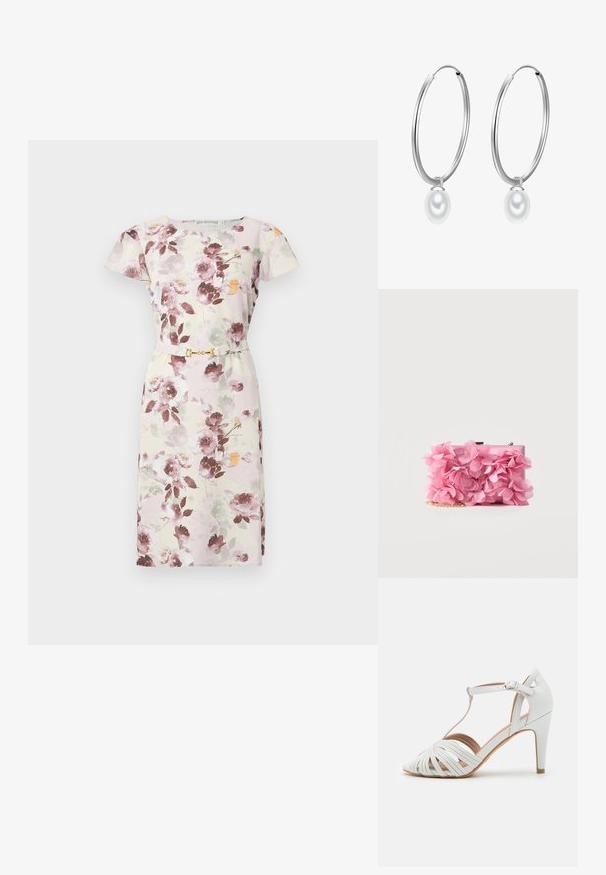 Vestido floral hasta la rodilla con mangas cortas, cintura ajustada y un pequeño cinturón con hebilla dorada sobre un fondo claro.; Sandal de tacón alto blanco con tiras entrecruzadas, diseño en T, textura suave y puntera afilada. Presenta un tacón delgado y cierre con hebilla.; Pequeño bolso de mano rectangular de color rosa adornado con flores de tela superpuestas y una correa de cadena dorada sobre un fondo blanco.; Pendientes de aro de plata con un suave colgante de perla blanca redonda en cada uno. El diseño es simple y elegante, con un acabado pulido.