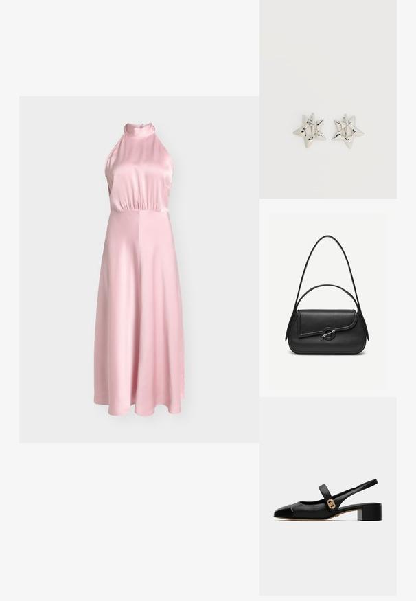 Mouwloze roze satijnen halterjurk met nauwsluitend lijfje, geplooide taille en vloeiende A-lijn rok op een effen achtergrond.; Zwarte leren slingback schoen met een ronde neus, met een glanzende voorkant en een gouden accent op de band, bevestigd met een kleine blokhak.; Zwarte leren handtas met afgeronde hoeken, asymmetrische klep, metalen ronde sluiting en zowel korte als lange schouderriemen.; Zilverkleurige stervormige oorringen met een gladde, gepolijste afwerking op een effen witte achtergrond.