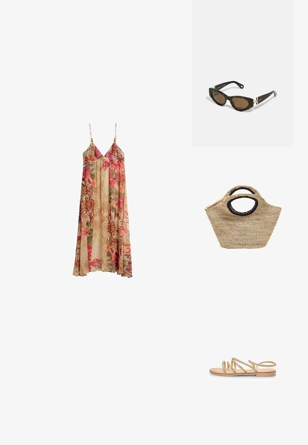 Ærmeløs lang kjole med tynde stropper, med et blomstermønster i nuancer af pink, rød, grøn og beige på en lys baggrund.; Guld flad sandal med flere krydsede stropper prydet med små klare rhinsten. Har en flad sål og åben hældesign.; CHLOÉ Solbriller - havana-brown; Flettet stråtaske med afrundede, sortkantede håndtag og en bred, let trapezformet form mod en hvid baggrund.