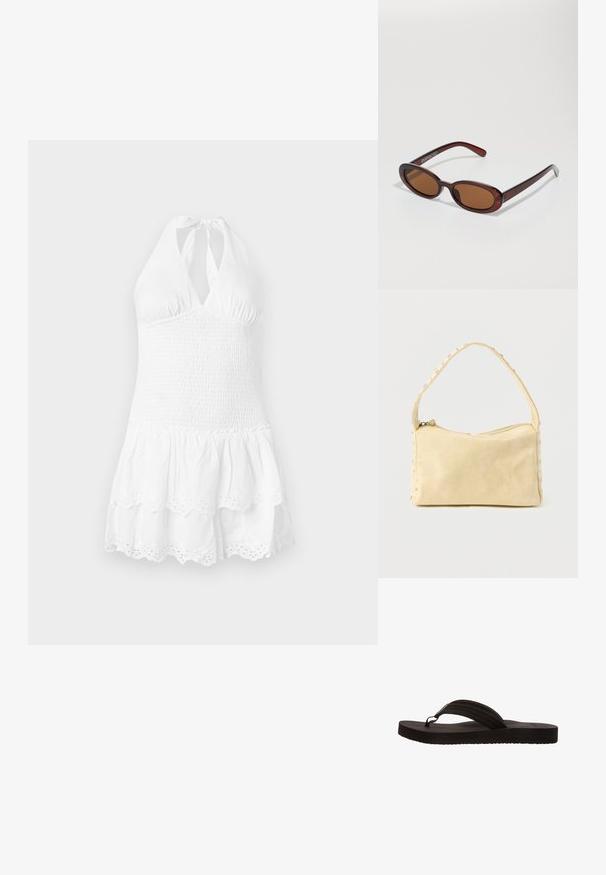 Vestido blanco de tirantes con un cuerpo fruncido y una falda acampanada. Presenta un dobladillo festoneado y detalles de ojal en la parte inferior. Textura de algodón suave.; Chancla negra con suela de goma, que presenta un diseño de sola tira con tres ranuras horizontales. Textura plana y suave sin patrones adicionales.; Gafas de sol redondas con tinte marrón y un marco burdeos brillante. Patillas delgadas con un sutil detalle de marca. Diseño de lentes planos.; Pequeño bolso de cuero beige con una sola correa y tachuelas plateadas a lo largo de los bordes y la correa, sobre un fondo liso.