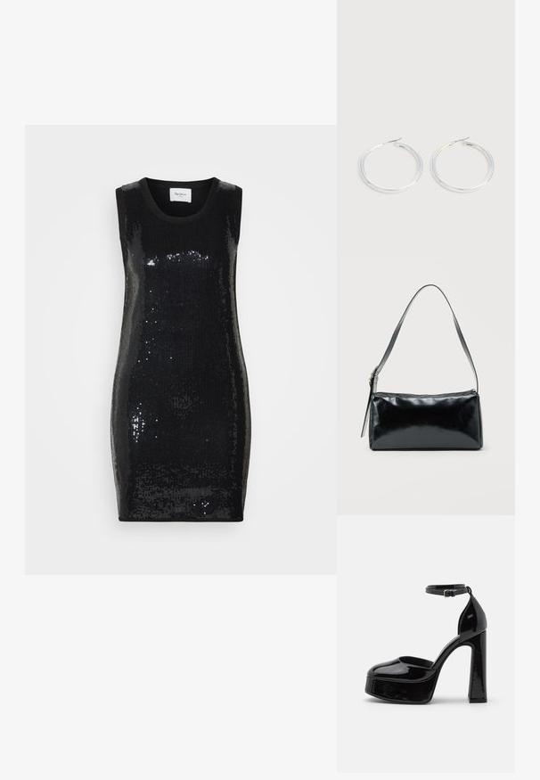 Vestido negro sin mangas cubierto de lentejuelas, con escote redondo y diseño ajustado, textura suave y acabado brillante.; Zapatos de tacón de charol negro con plataforma y correa al tobillo, punta redondeada y tacón cuadrado, que muestran una textura lisa y brillante.; Bolso de hombro rectangular negro con una correa ajustable y un cierre de cremallera superior sobre un fondo liso.; Pareja de pendientes de aro plateados brillantes con cierres de alambre delgado, mostrados sobre un fondo gris claro.