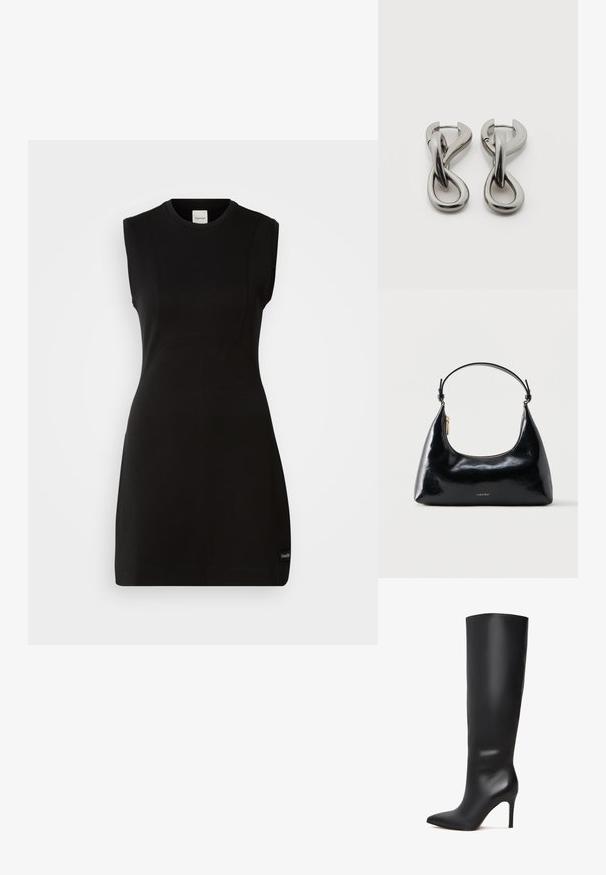 Ärmelloses schwarzes, tailliertes Kleid von Calvin Klein mit rundem Ausschnitt und dezenten Nahtdetails auf einem weißen Hintergrund.; Schwarze kniehohe Stöckelschuhstiefel aus Leder mit spitzer Zehenform und glänzender, glatter Oberfläche. Verfügt über einen hohen, schlanken Absatz für eine verlängerte Silhouette.; Schwarze, glänzende Calvin Klein Handtasche mit goldfarbenem Reißverschluss und kurzem Trageriemen vor schlichtem weißem Hintergrund.; Paar silberfarbene Metallohrringe mit abstraktem ineinandergreifendem Schlaufen-Design auf weißem Hintergrund.