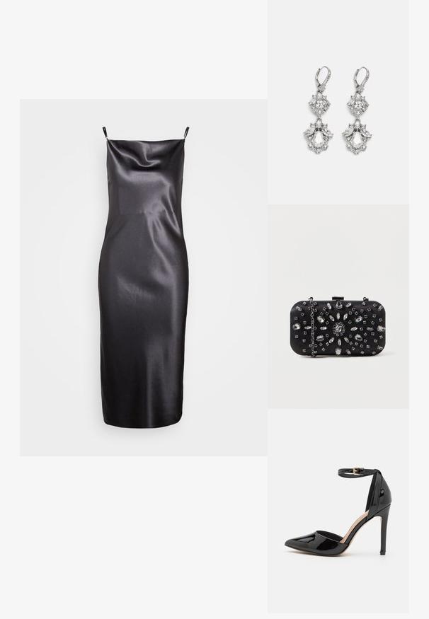 Samsøe Samsøe FREDERICKA LONG DRESS - Cocktailkjole / festkjole - ombre dark; Sorte patentlæder højhælede sko med spids tå, ankelrem og slank stiletthæl. Glat tekstur med skinnende finish.; Sort clutch i rektangulær form, pyntet med forskellige rhinsten i et blomsterdesign, med en sølvkæde til at bære.; Sølvfarvede øreringe med flere klare krystalgemstones i dråbe- og marquiseformer, med låse med bøjlestik og detaljeret udsmykning.