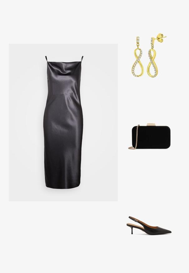 Samsøe Samsøe FREDERICKA LONG DRESS - Vestido de cóctel - ombre dark; Zapato de tacón con tira trasera de cuero negro, punta puntiaguda, tacón fino y correa ajustable en el tobillo; textura lisa y detalles mínimos.; Clutch de terciopelo negro con herrajes en tono dorado, de forma rectangular y con correa de cadena, que presenta una textura suave y sin patrones visibles.; Pendientes en tono dorado con forma de símbolo de infinito estilizado, adornados con cristales transparentes de corte redondo a lo largo de los bordes. Cierre a presión.