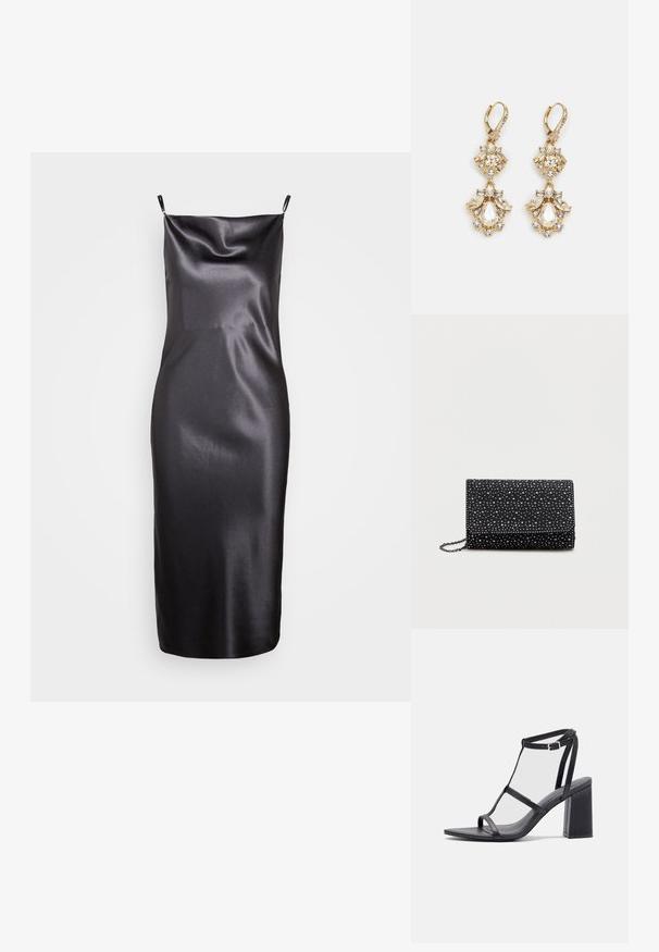 Samsøe Samsøe FREDERICKA LONG DRESS - Cocktailkjole / festkjole - ombre dark; Sorte hælede sandaler med firkantet tå og blokhælb. Har tynde stropper og en justerbar ankelspænde. Glat læderoverflade.; Sort clutch-taske med flap, lavet af struktureret materiale, udsmykket med sølvfarvede nitter jævnt fordelt på overfladen. Har en kædestrop.; Guldtonede chandelierøreringe med en klynge-design, der har runde og tårnformede klare krystaller, der fremhæver detaljerne.