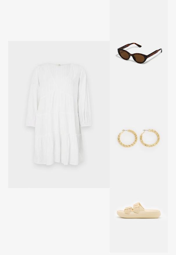 Vestido blanco en capas hecho de tela ligera con mangas largas, escote pronunciado y sutiles detalles de textura vertical.; Sandalia beige tipo slip-on con parte superior texturizada, correas ajustables con hebilla y una suela gruesa y acolchada. Diseño liviano adecuado para uso casual.; Gafas de sol de carey marrón con una forma vintage de ojo de gato y lentes marrones. Presentan brazos curvados con acentos rojos.; Pendientes de aro dorados con una superficie texturizada y pequeños acentos redondeados. Diseño circular y cierre de tipo post-back.