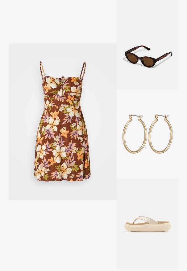 Bruine bloemenjurk met verstelbare spaghettibandjes, met een trekkoorddetail bij de buste. Bloemenpatronen in geel, oranje en paars.; Beige slippersandalen met een brede teband en een dikke, ronde zool. Beschikt over een glad bovenmateriaal en een contrasterend bruine voetbed.; Bruine schildpad zonnebril met een vintage cat-eye vorm en bruine lenzen. Heeft gebogen armen met rode accenten.; Gouden metalen ring oorbellen met een glad, rond ontwerp en een veilige scharnier sluiting. Lichtgewicht met een gepolijste afwerking.