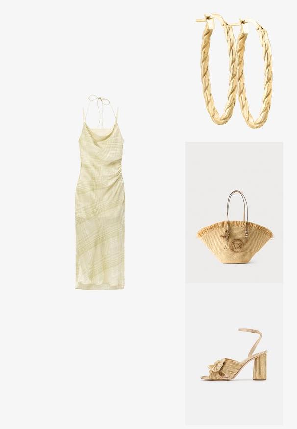 Lichtbeige satijnen slipjurk met subtiele abstracte lijnpatronen, dunne spaghetti bandjes, halterstrikje in de nek en geplooide zijkantdetails.; Gouden sandalen met hakken, voorzien van een geknoopte voorkant, gegolfde textuur en een enkelriem. De blokhak heeft een ribbelontwerp, wat de grip verbetert.; Grote geweven strooien tas met lichtbruine leren handvatten, franjes aan de bovenkant en een ronde MK-logo hanger aan de voorkant.; DIAMANT L'ÉTERNEL Oorbellen - gold