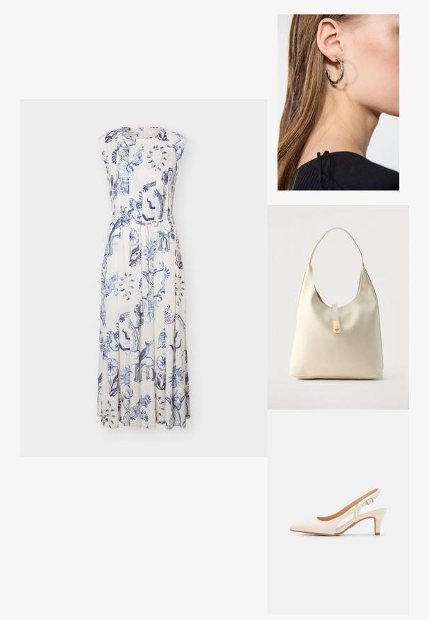 Ærmeløs hvid midi-kjole med blå blomster- og abstrakt mønster, rund halsudskæring og et stofbælte i taljen.; Hvide slingback hæle med spids tå, glat overmateriale, lav blokhæl og sideudskæringsdesign med justerbar spænderem.; Hobo-taske i cremefarvet læder med en enkelt skulderrem, glat tekstur og et guldfarvet spænde foran.; Sølv hoop ørestik med en poleret overflade, prydet med små guld accenter og en rund form, båret på øreflippen.